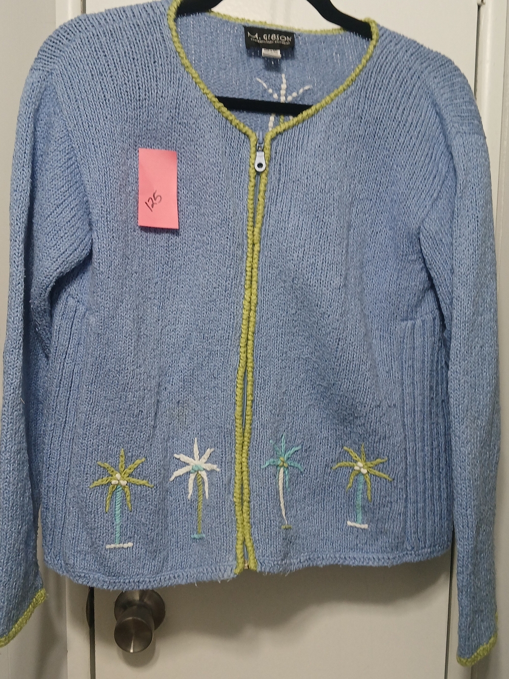 Gibson Sky Blue Knit Zip Cardigan with Lime Trim and Palm Embroidery